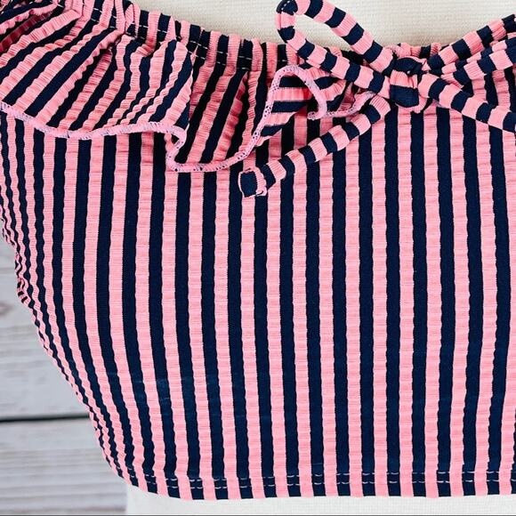 Xhilaration off shoulder ruffle navy pink top - Picture 2 of 11